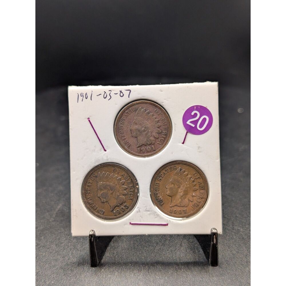 Vintage Indian Head Cent Penny Collection 3 Coin Lot 1901 1903 1907 US Bronze